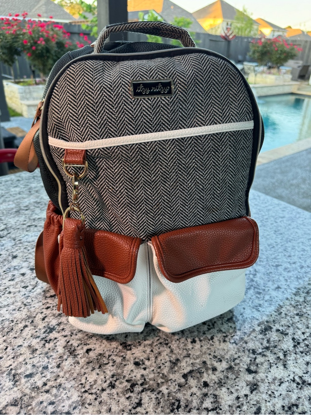 Itzy Ritzy Black & White Herringbone Backpack Tote with Brown Trim